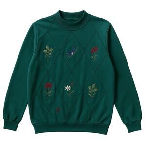 Vintage Alfred Dunner Green Embroidered Sweatshirt Floral Bird M Grandmacore